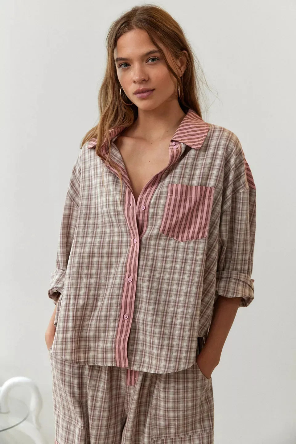 Pyjama Femme Confort en Tissu Doux, Haut Boutonné et Pantalon à Cordon