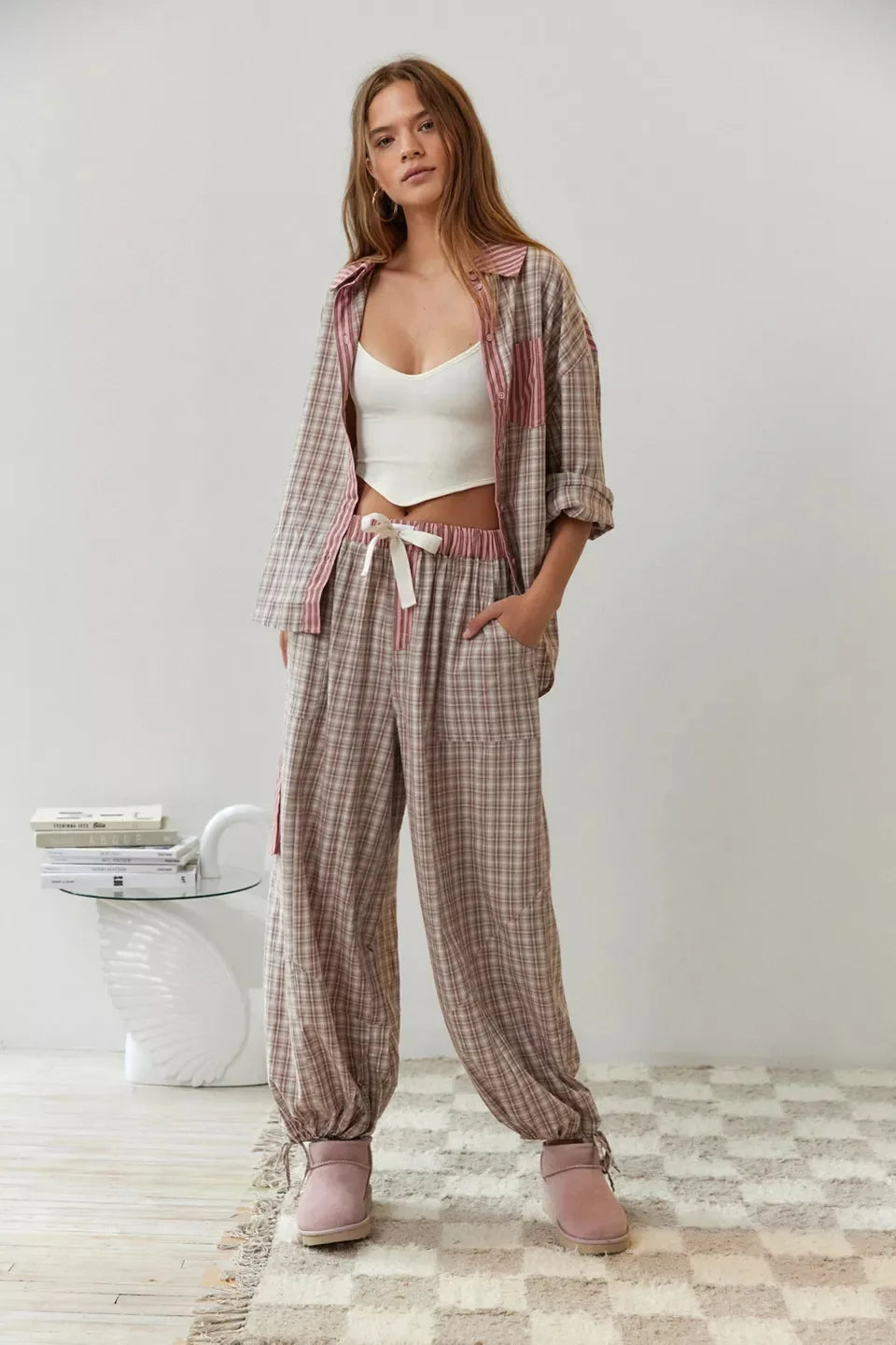 Pyjama Femme Confort en Tissu Doux, Haut Boutonné et Pantalon à Cordon
