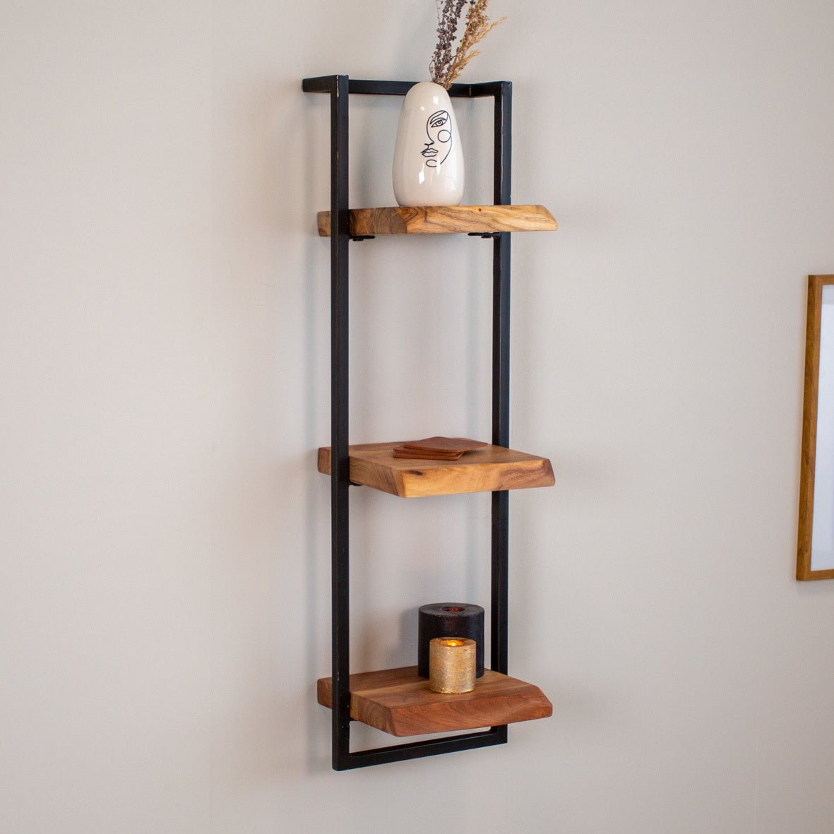 Wandplank – Massief acaciahout met vintage stalen frame voor de woonkamer of hal