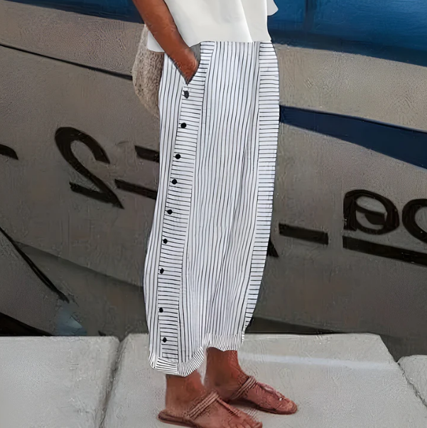 Pantalon Femme Rayé Fluide Taille Haute
