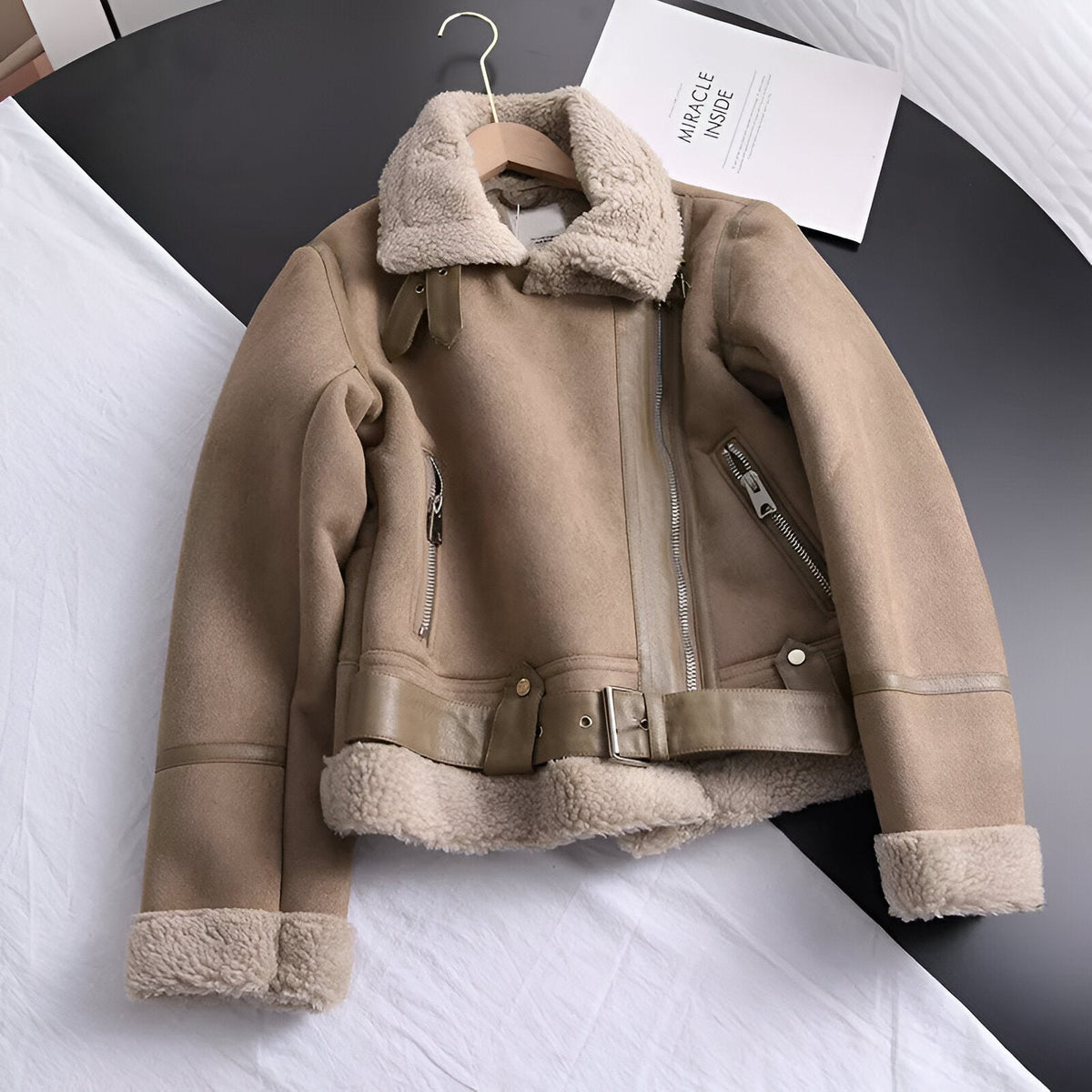 Veste Motard Femme Oversize Fourrée en Similicuir