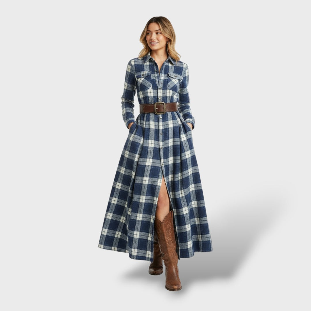 Robe Chemise Femme à Carreaux, Manches Longues et Poches