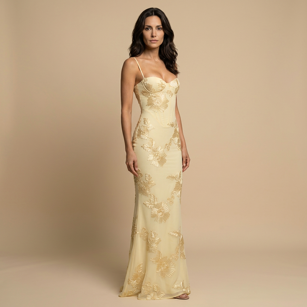 Robe Longue Sirène Corset Fleurs Appliquées en Tulle