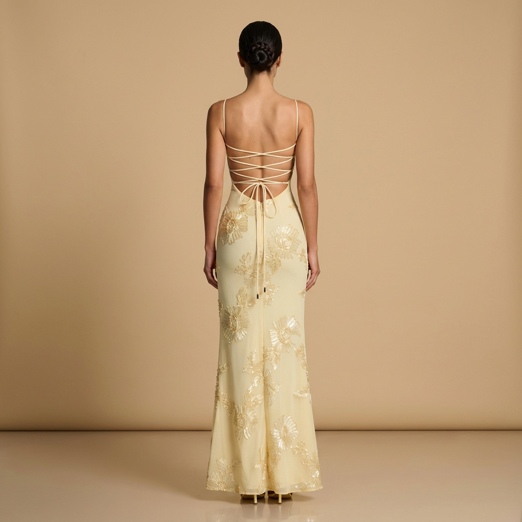 Robe Longue Sirène Corset Fleurs Appliquées en Tulle