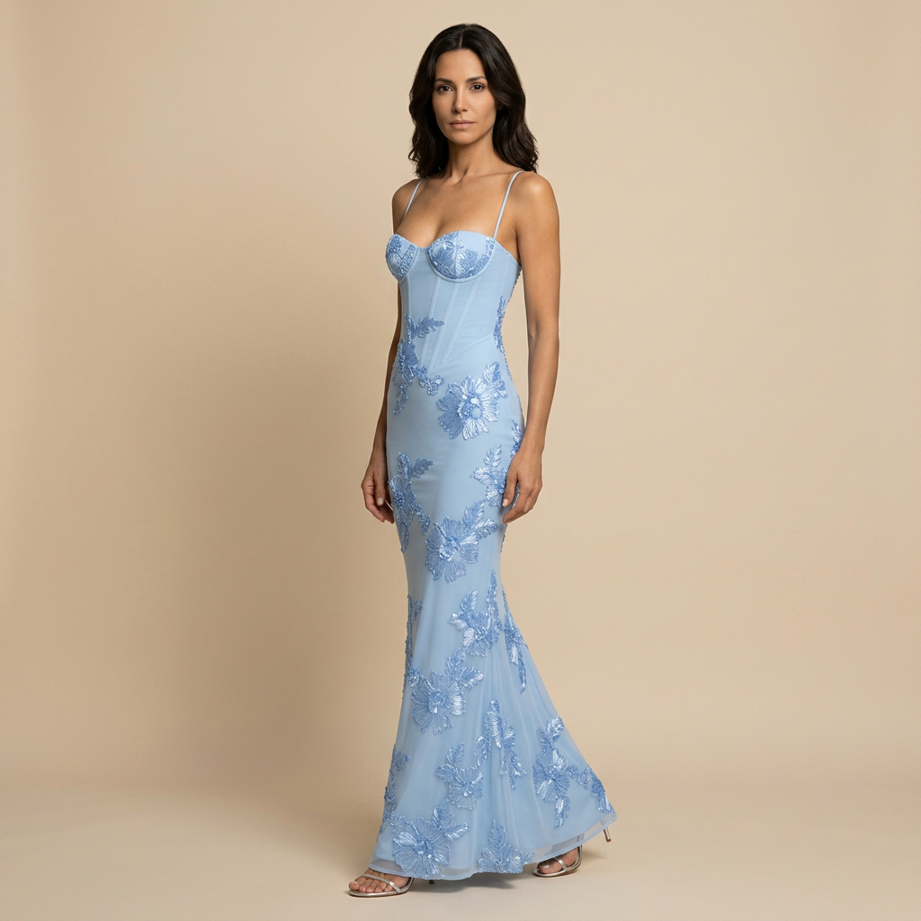 Robe Longue Sirène Corset Fleurs Appliquées en Tulle