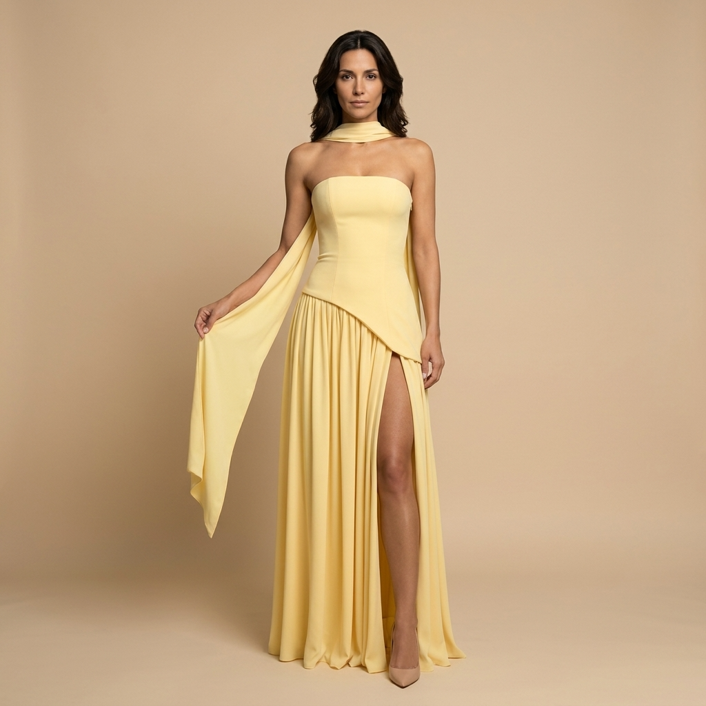 Robe Longue Bustier Sans Bretelles, Écharpe Asymétrique et Fente Frontale