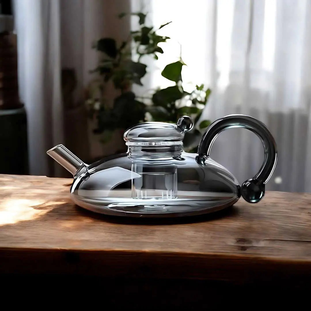 glass teapot set with cups in gray
