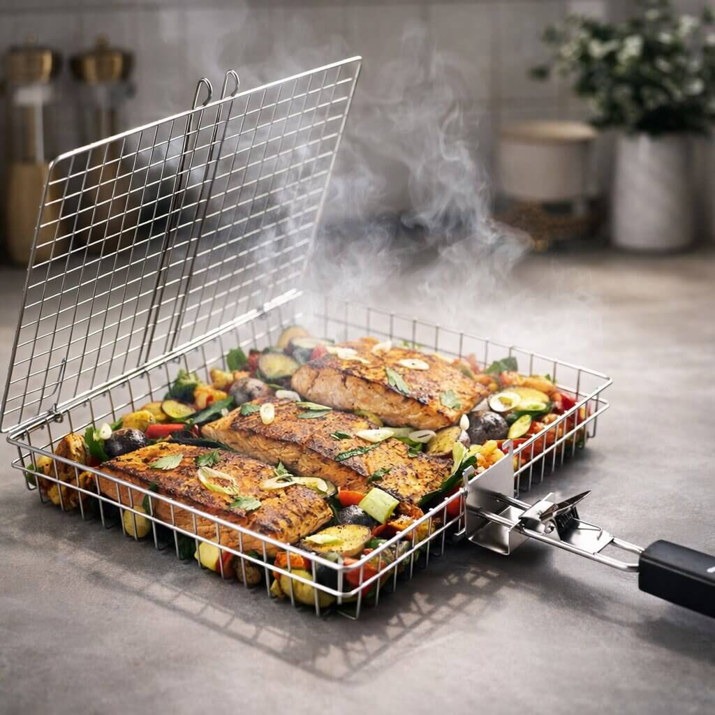 RVS-grillmand – 30 x 24 cm, rooster voor vis en groenten op de barbecue