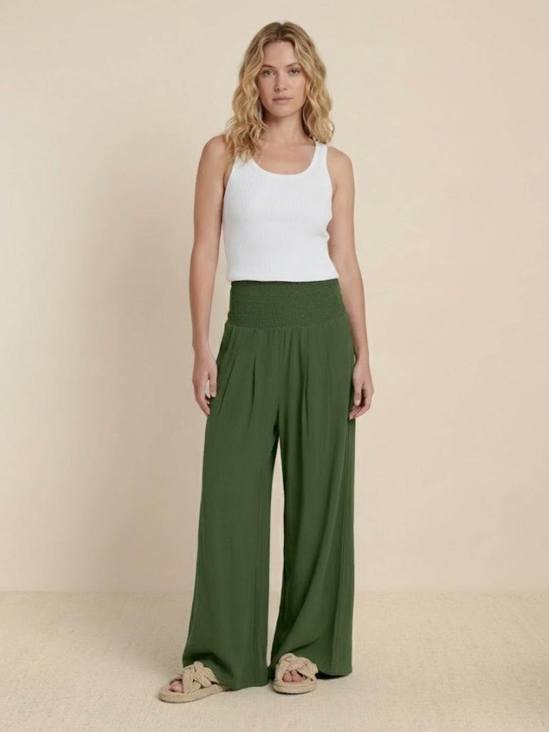 Pantalon Femme Jambe Large Taille Haute Smockée