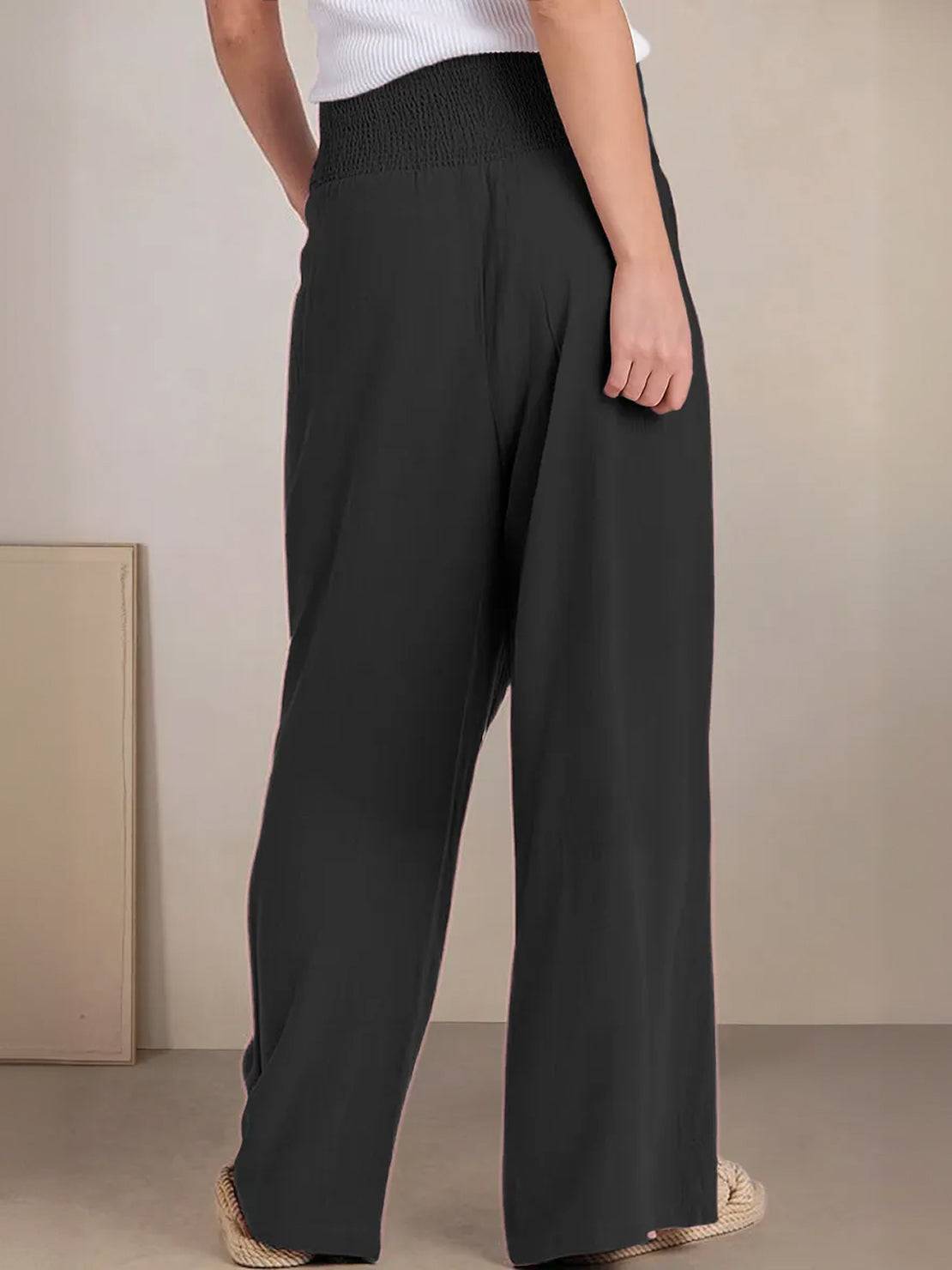 Pantalon Femme Jambe Large Taille Haute Smockée