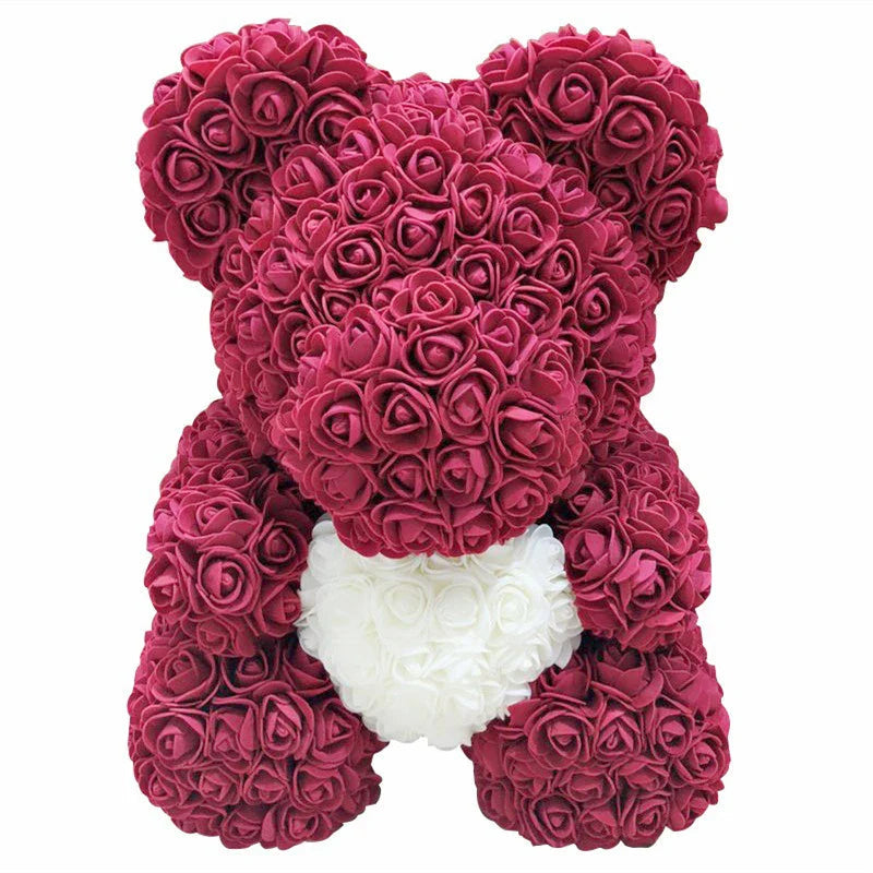 Ours en Roses Artificielles Fait Main, Décoration Romantique 40 cm