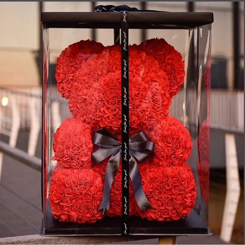 Ours en Roses Artificielles Fait Main, Décoration Romantique 40 cm
