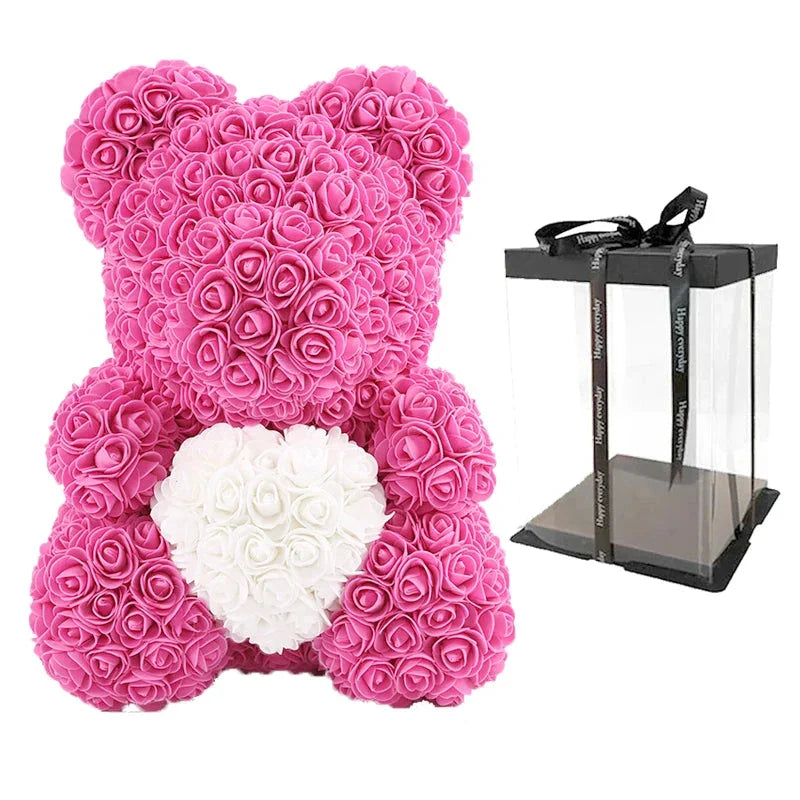 Ours en Roses Artificielles Fait Main, Décoration Romantique 40 cm