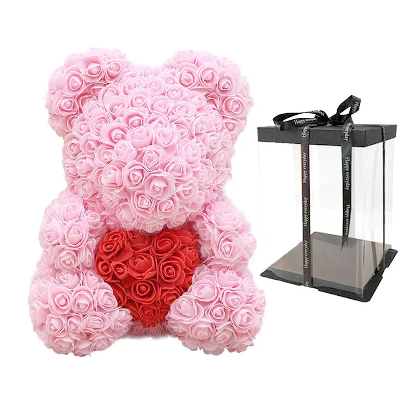 Ours en Roses Artificielles Fait Main, Décoration Romantique 40 cm