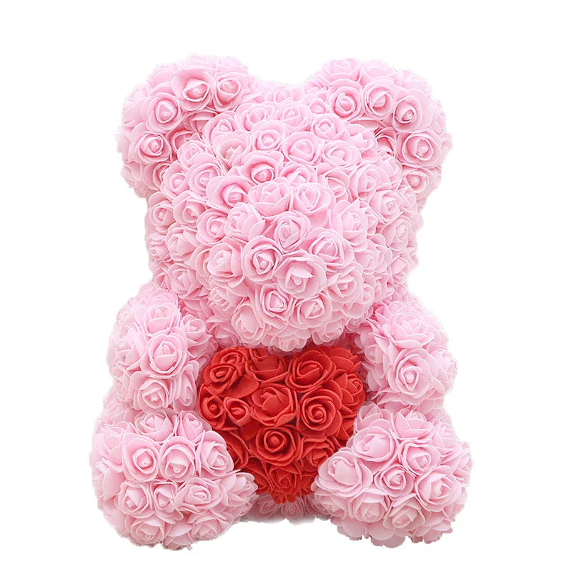 Ours en Roses Artificielles Fait Main, Décoration Romantique 40 cm