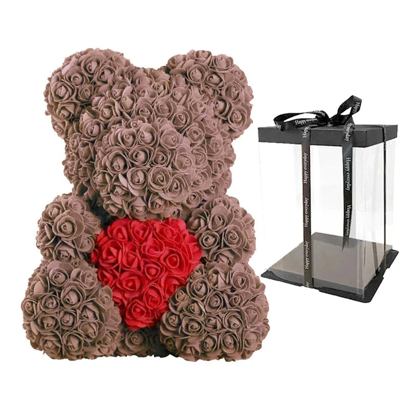 Ours en Roses Artificielles Fait Main, Décoration Romantique 40 cm