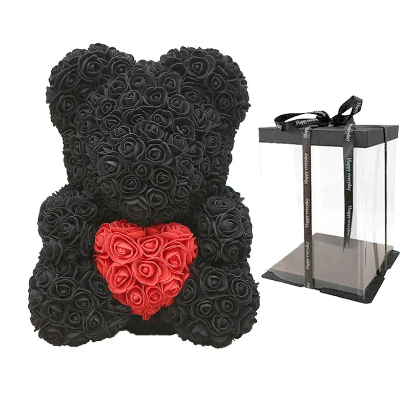 Ours en Roses Artificielles Fait Main, Décoration Romantique 40 cm