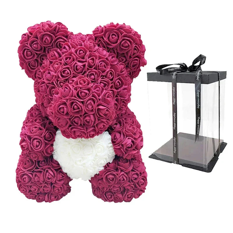 Ours en Roses Artificielles Fait Main, Décoration Romantique 40 cm