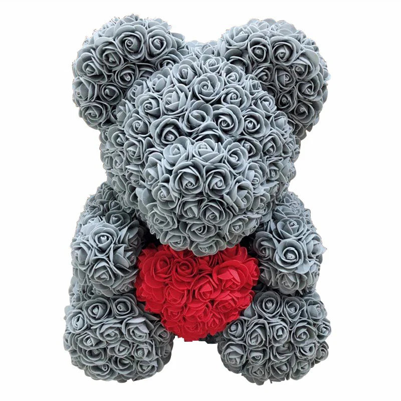 Ours en Roses Artificielles Fait Main, Décoration Romantique 40 cm