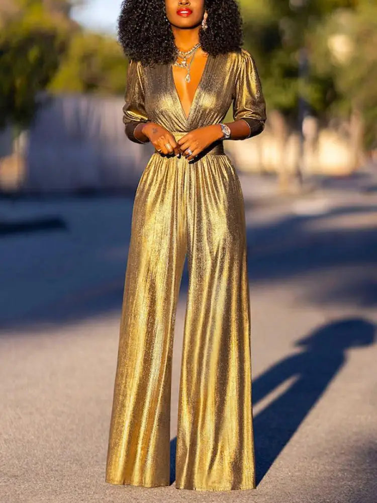 Combinaison Femme Satinée Col V et Jambes Larges