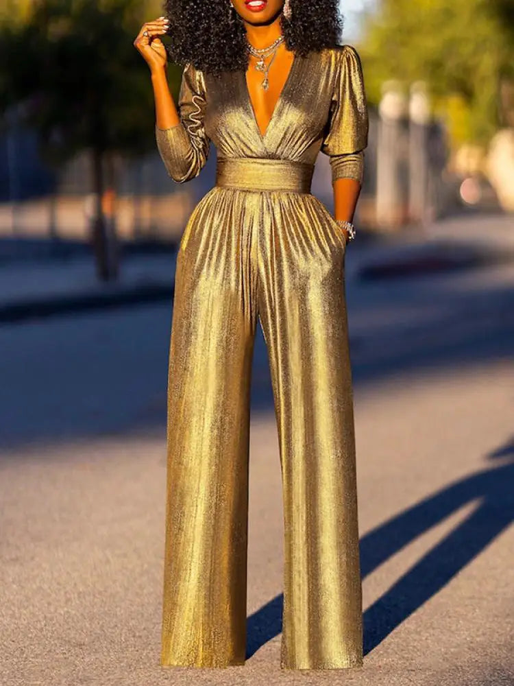 Combinaison Femme Satinée Col V et Jambes Larges