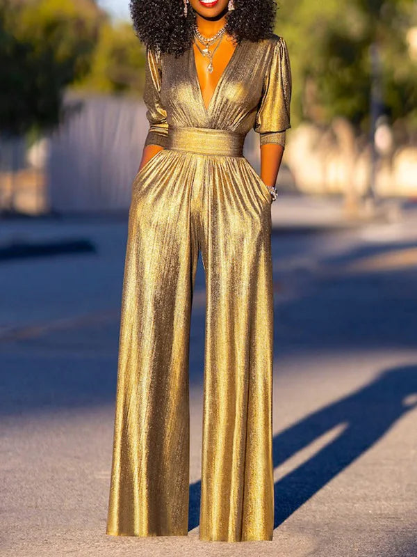 Combinaison Femme Satinée Col V et Jambes Larges