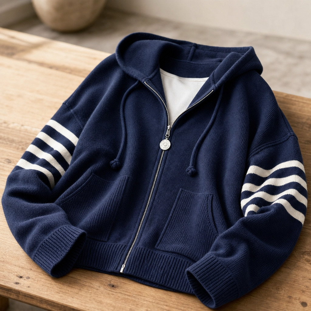 Sweat à Capuche Zippé Femme, Manches Rayées et Épaules Tombantes