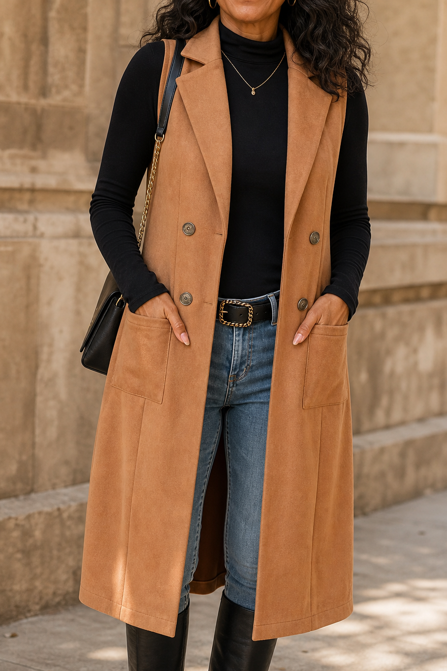 Gilet Long Sans Manches à Ouverture Devant pour Femme