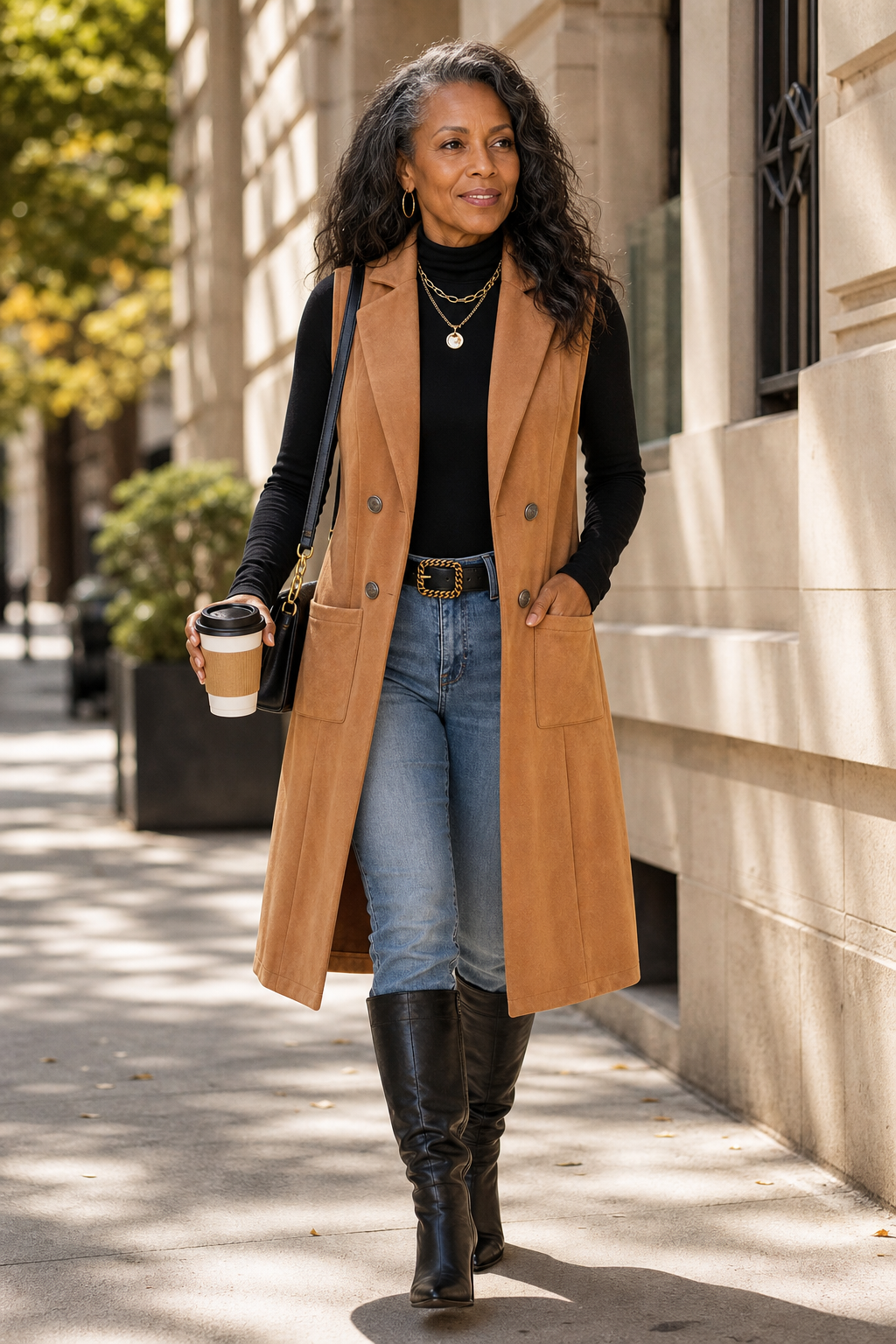 Gilet Long Sans Manches à Ouverture Devant pour Femme
