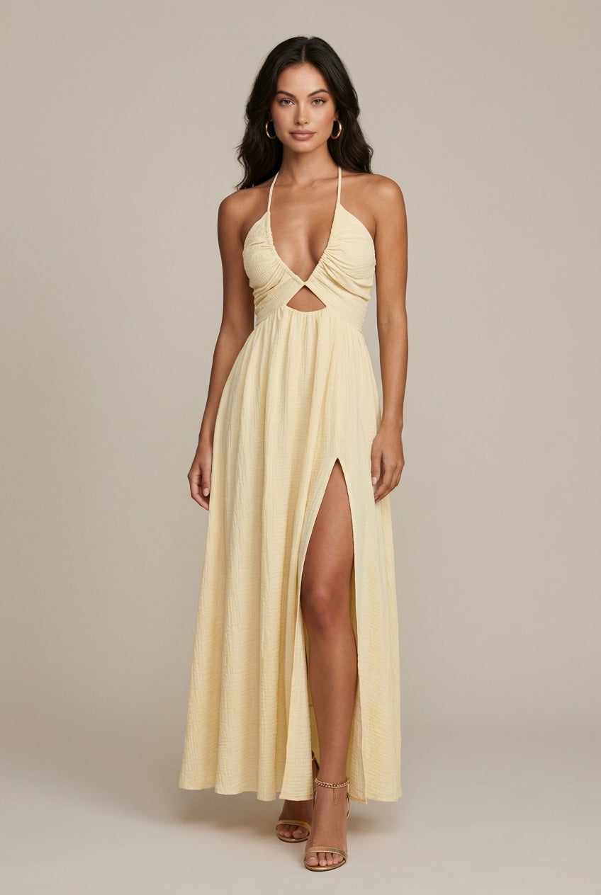 Robe Midi Femme Dos Nu Découpe Fente Haute Sans Manches