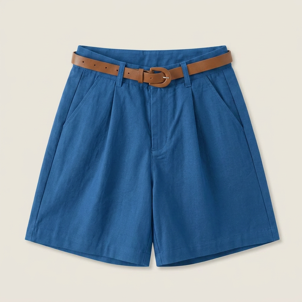 Short Femme en Lin Taille Haute à Pinces, Ceinture Incluse
