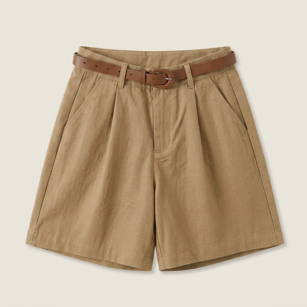 Short Femme en Lin Taille Haute à Pinces, Ceinture Incluse