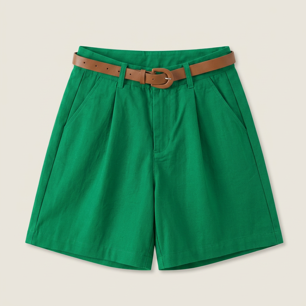 Short Femme en Lin Taille Haute à Pinces, Ceinture Incluse