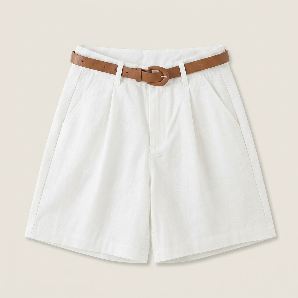 Short Femme en Lin Taille Haute à Pinces, Ceinture Incluse