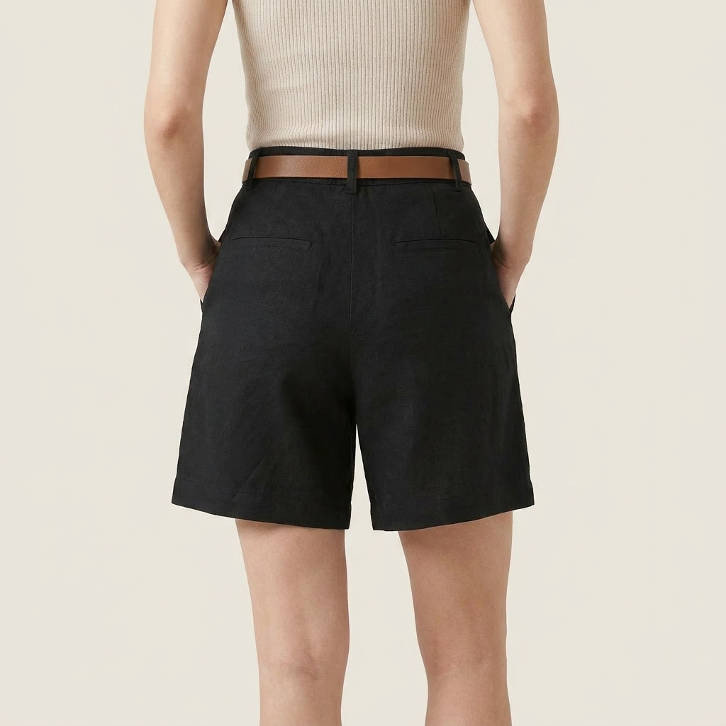 Short Femme en Lin Taille Haute à Pinces, Ceinture Incluse