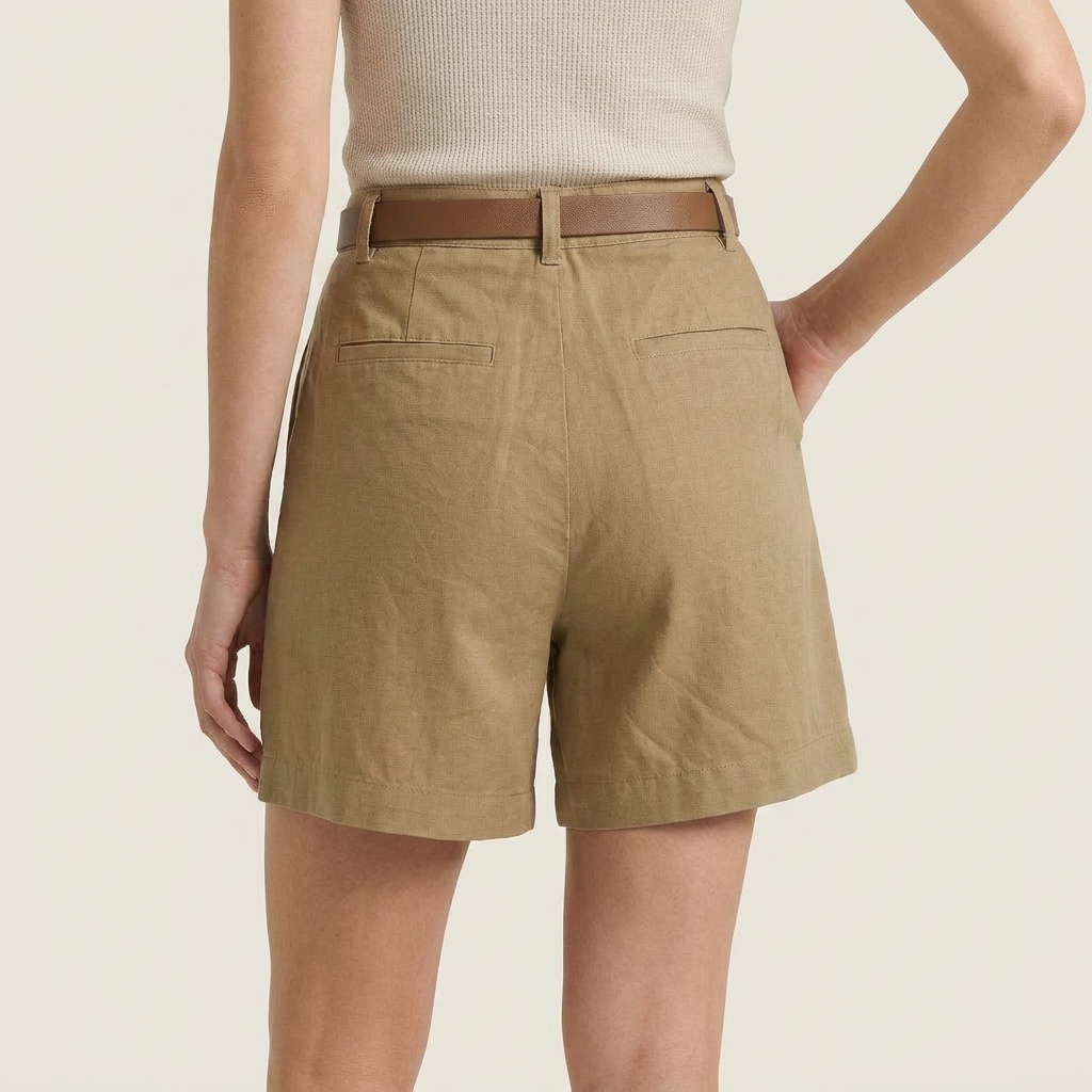 Short Femme en Lin Taille Haute à Pinces, Ceinture Incluse