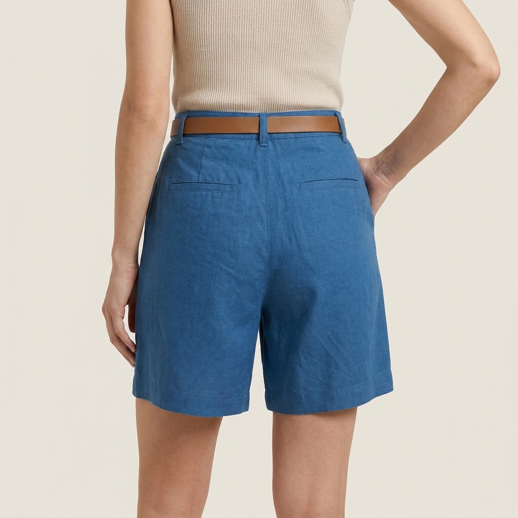 Short Femme en Lin Taille Haute à Pinces, Ceinture Incluse