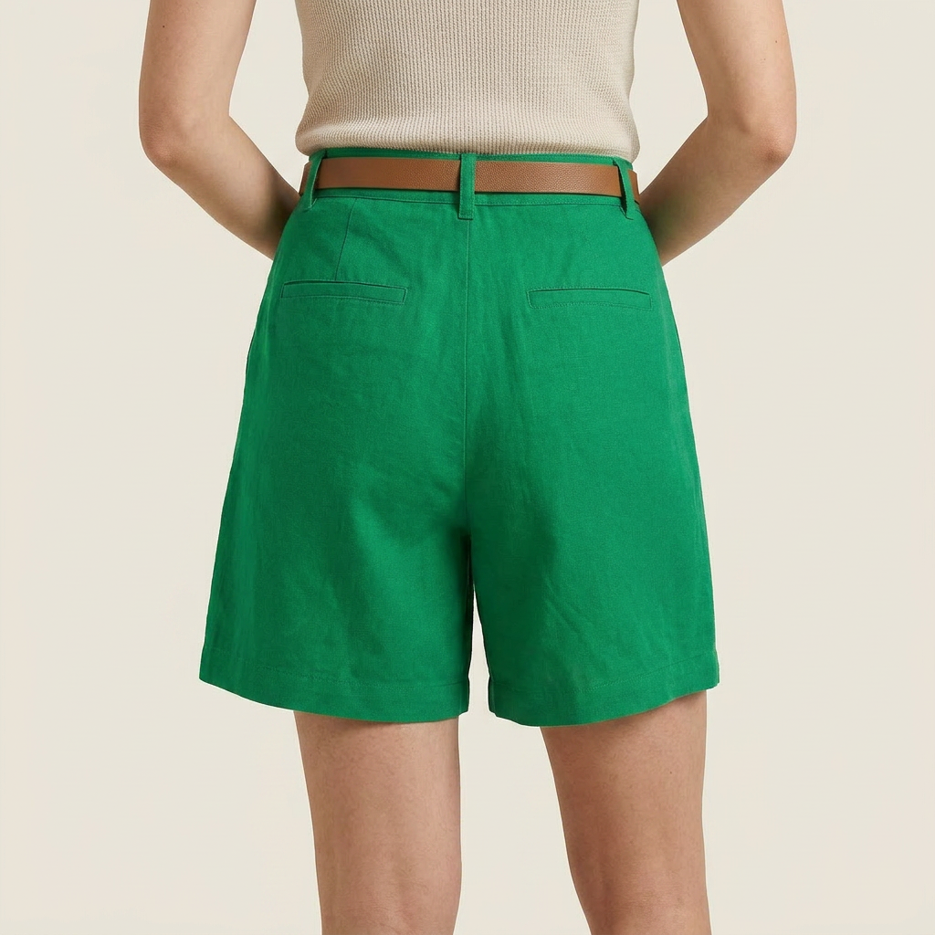 Short Femme en Lin Taille Haute à Pinces, Ceinture Incluse