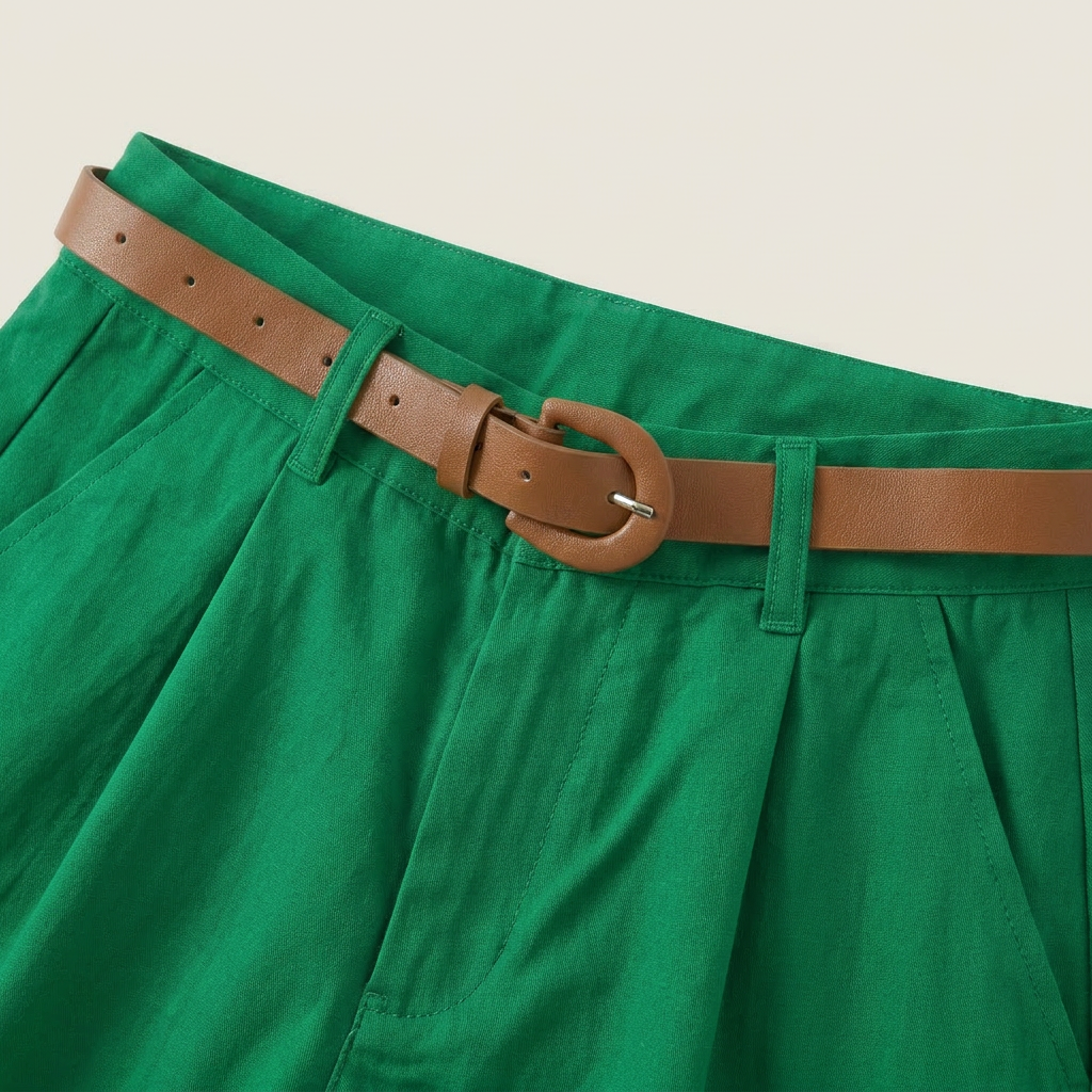 Short Femme en Lin Taille Haute à Pinces, Ceinture Incluse
