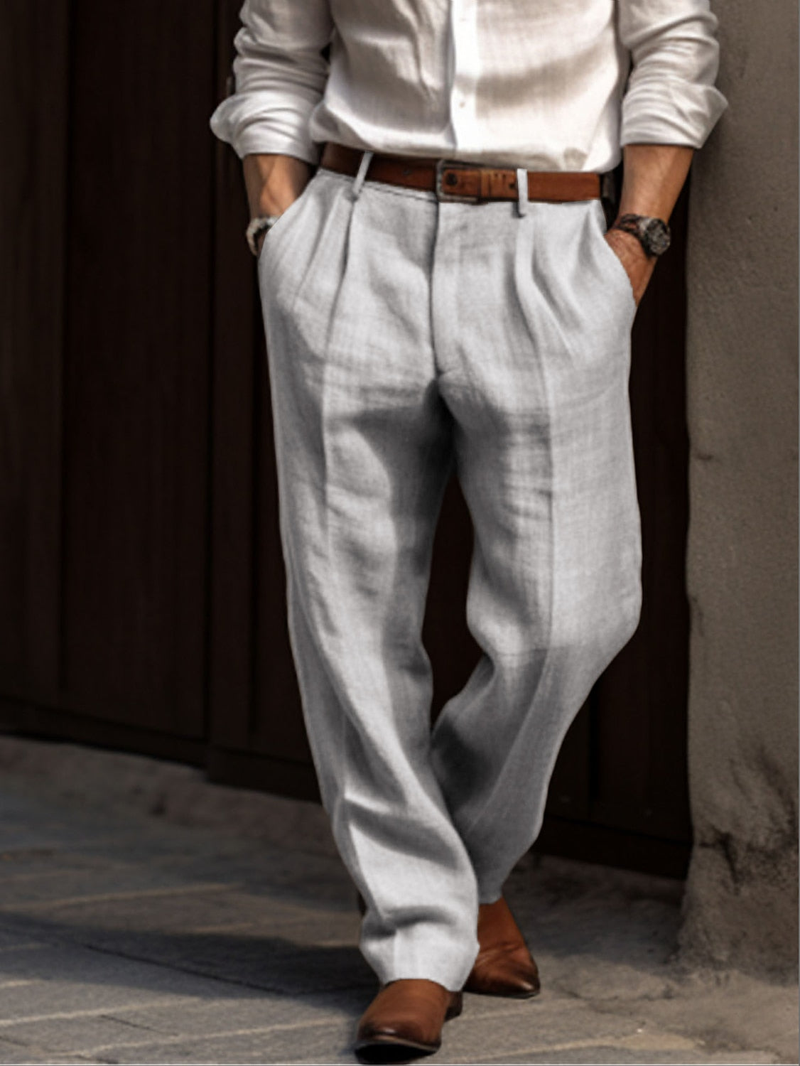 Pantalon Homme en Lin et Coton, Coupe Ample Décontractée