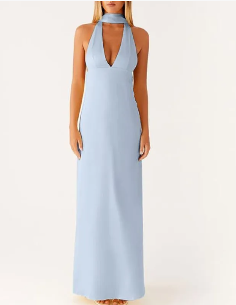 Women's Long Dress with Halter Neck, Open Back, and V-Neckline