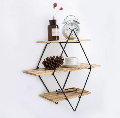 Estantería de pared – Metal negro y madera natural, diseño moderno de tres niveles para el salón o el despacho