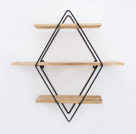Estantería de pared – Metal negro y madera natural, diseño moderno de tres niveles para el salón o el despacho
