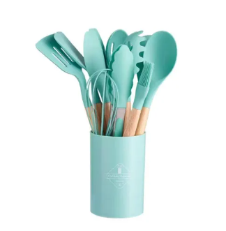Ensemble d’ustensiles de cuisine en silicone – Sans BPA, résistant à la chaleur avec manches en bois pour cuisiner et pâtisser