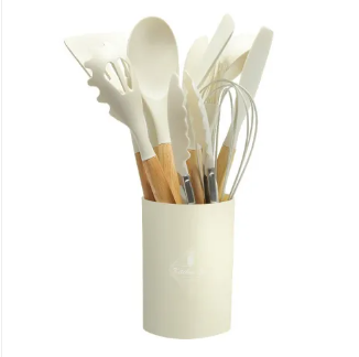 Ensemble d’ustensiles de cuisine en silicone – Sans BPA, résistant à la chaleur avec manches en bois pour cuisiner et pâtisser