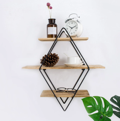 Estantería de pared – Metal negro y madera natural, diseño moderno de tres niveles para el salón o el despacho