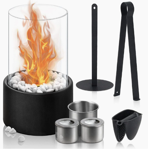 Tabletop Fireplace – Black metal with clear glass, modern and minimalist, for the living room or patio