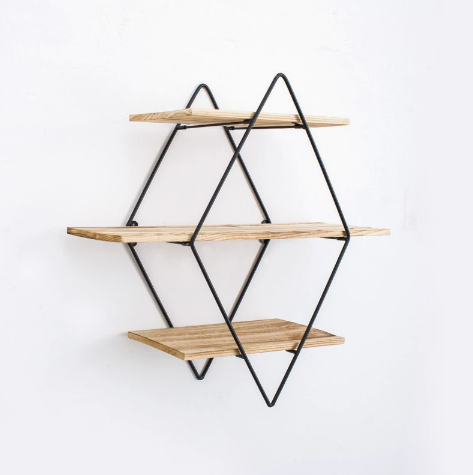 Estantería de pared – Metal negro y madera natural, diseño moderno de tres niveles para el salón o el despacho