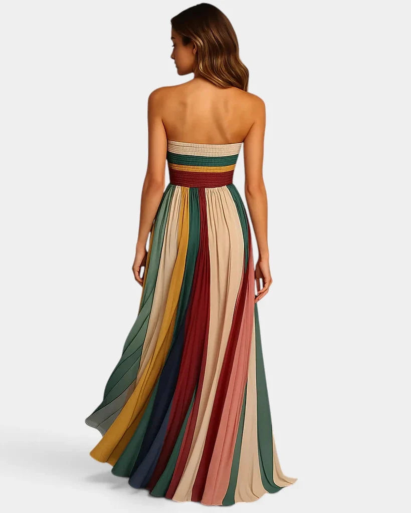 Robe Longue Femme Bustier Plissée Multicolore de Soirée