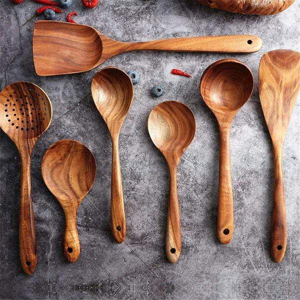 Ensemble d'Ustensiles de Cuisine en Bois – Teck, Durable et Sans Produits Chimiques pour Cuisiner et Pâtisser